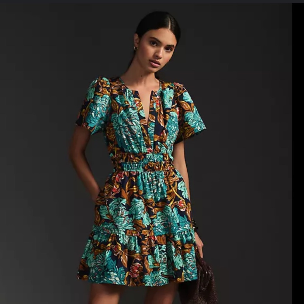 anthropologie short teal flowered dress